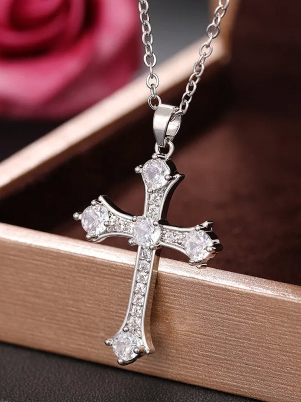 NEW 925 Sterling Silver Diamond Cross Necklace